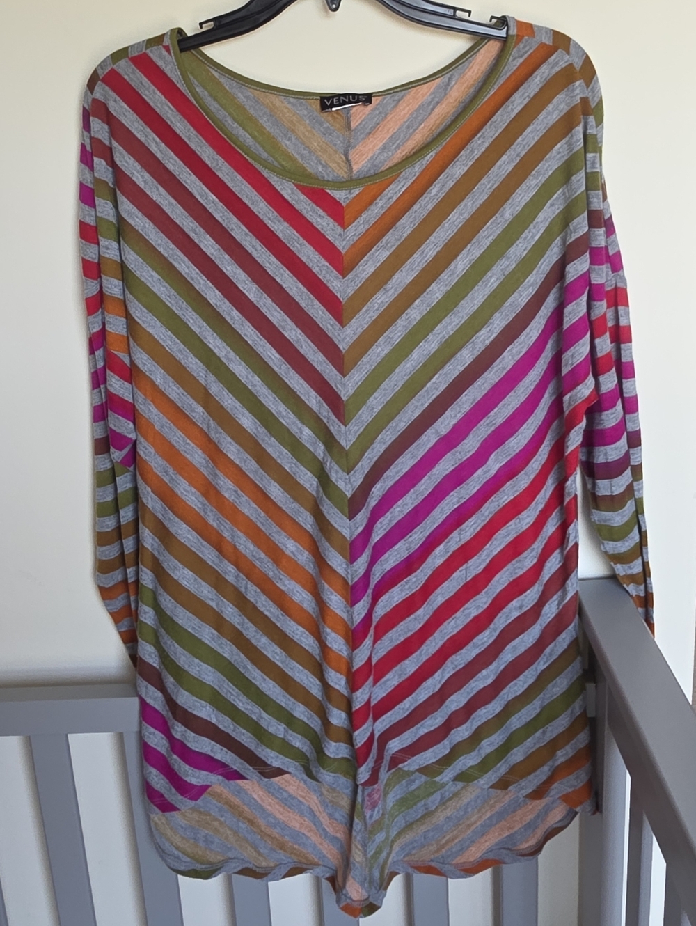 VENUS Olive Pink Orange Striped V-Neck Tunic Top Womens Size Large